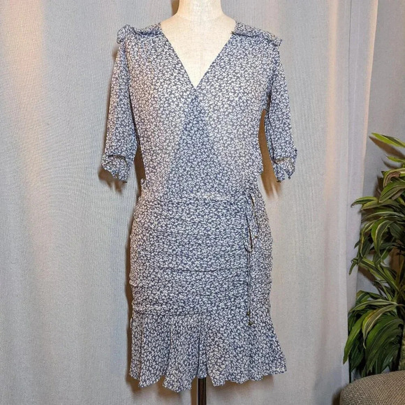 Veronica Beard Mini Dress 100% Silk Dakota Floral Blue Ruched  Size 2 - Picture 2 of 14